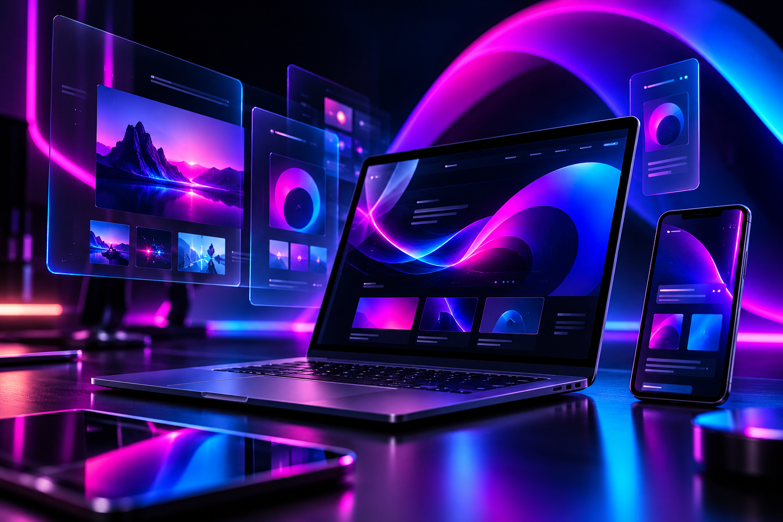 Ordinateur portable, téléphone et écrans d’interfaces web aux couleurs bleu-violet